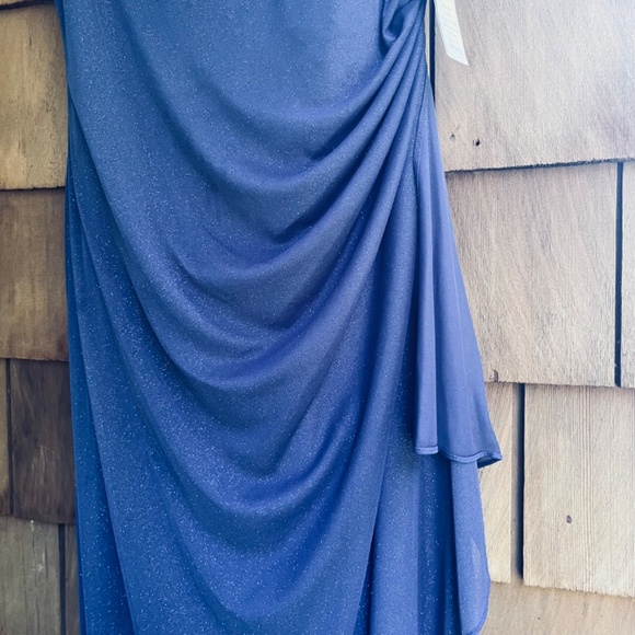 Alex Evening Sz12 Cold Shoulder Glitter Mesh Blue Dress Draped Skirt Cowl Neck - Picture 9 of 16